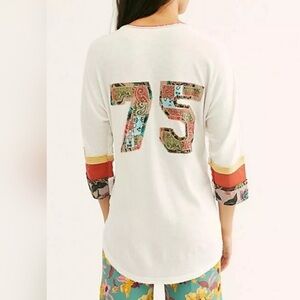 We The Free Blitz Top, Lace Up Neck, Patch Work 75, 3/4 Sleeves size Small